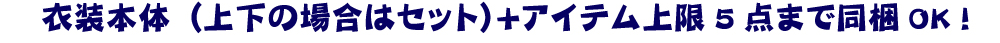 衣装本体（上下の場合はセット）＋アイテム５点まで同梱OK