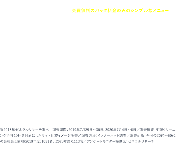 創業60年の「せんたく便」は、確かな技術とサービスで、2年連続満足度ランキングNo.1を獲得している宅配クリーニングです。会費無料のパック料金のみのシンプルなメニューで、初めての方でも安心してご利用いただいております。 会社員・主婦が選ぶ友人に紹介したい宅配クリーニング会社 ※2018年ゼネラルリサーチ調べ　調査期間：2019年7月29日～30日／調査概要：宅配クリーニング会社10社を対象にしたサイト比較イメージ調査／調査方法：インターネット調査／調査対象：全国の20代～50代の会社員と主婦1051名／アンケートモニター提供元：ゼネラルリサーチ